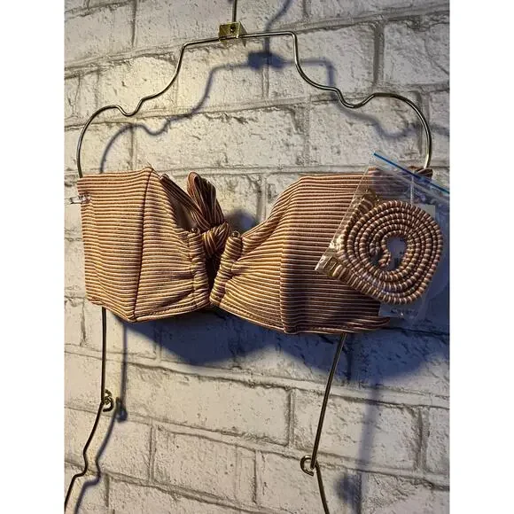 Pilyq PQ Aperol Stripe Orange Ruched Bandeau D Cup S Full Bottom NEW - Picture 5 of 10